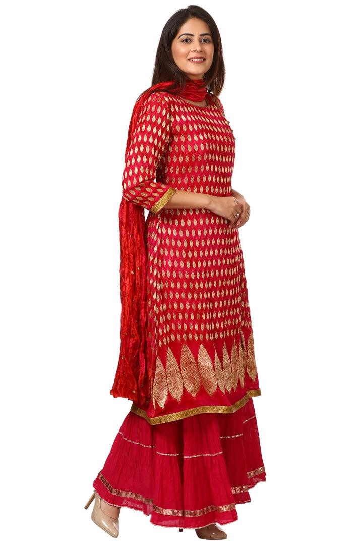 anokherang Combos The Pink Red Paisley Long Kurti with Crushed Sharara and Crushed Silk Dupatta