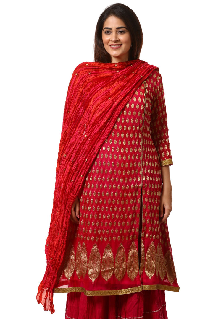 anokherang Combos The Pink Red Paisley Long Kurti with Crushed Sharara and Crushed Silk Dupatta