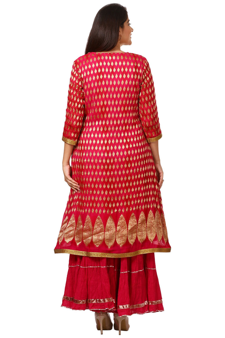 anokherang Combos The Pink Red Paisley Long Kurti with Crushed Sharara and Crushed Silk Dupatta