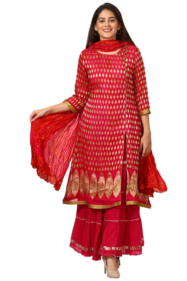 anokherang Combos The Pink Red Paisley Long Kurti with Crushed Sharara and Crushed Silk Dupatta