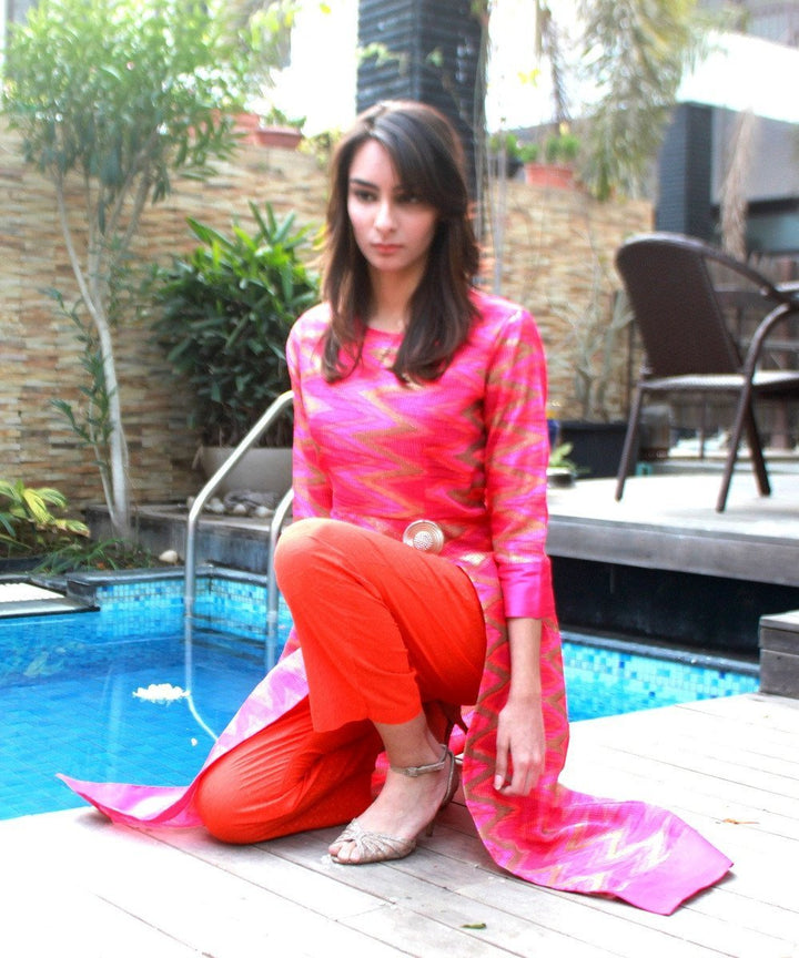 anokherang Combos The Pink Wave Long Kurti with Orange Pants
