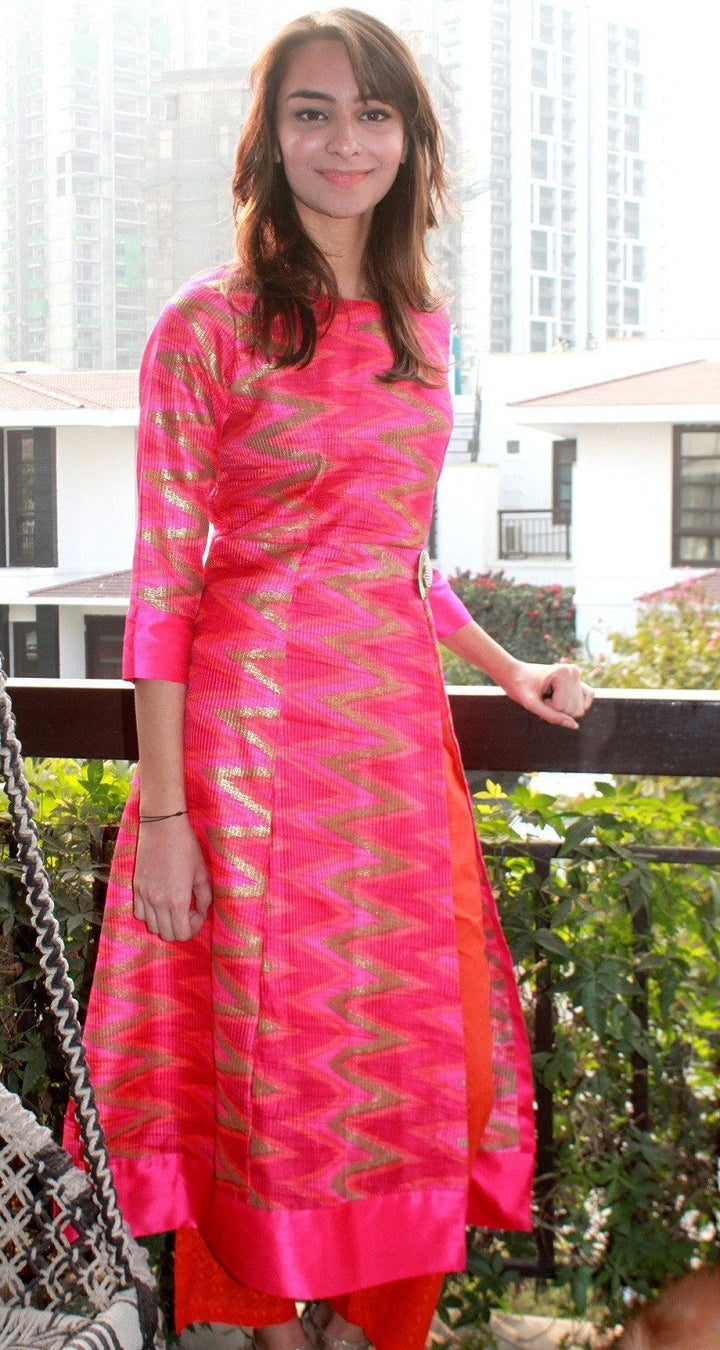 anokherang Combos The Pink Wave Long Kurti with Orange Pants