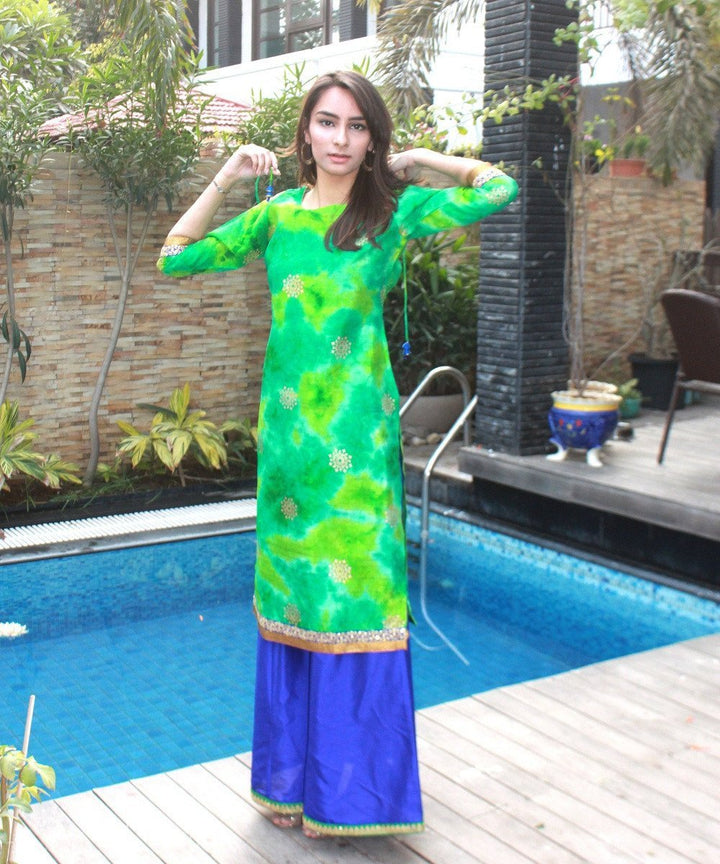 anokherang Combos The Spring Blues Shibori Silk Kurti with Kalidaar Palazzo