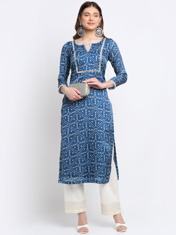 anokherang Combos Traditional Blue Bandhani Mirror Straight Kurti With Straight palazzo
