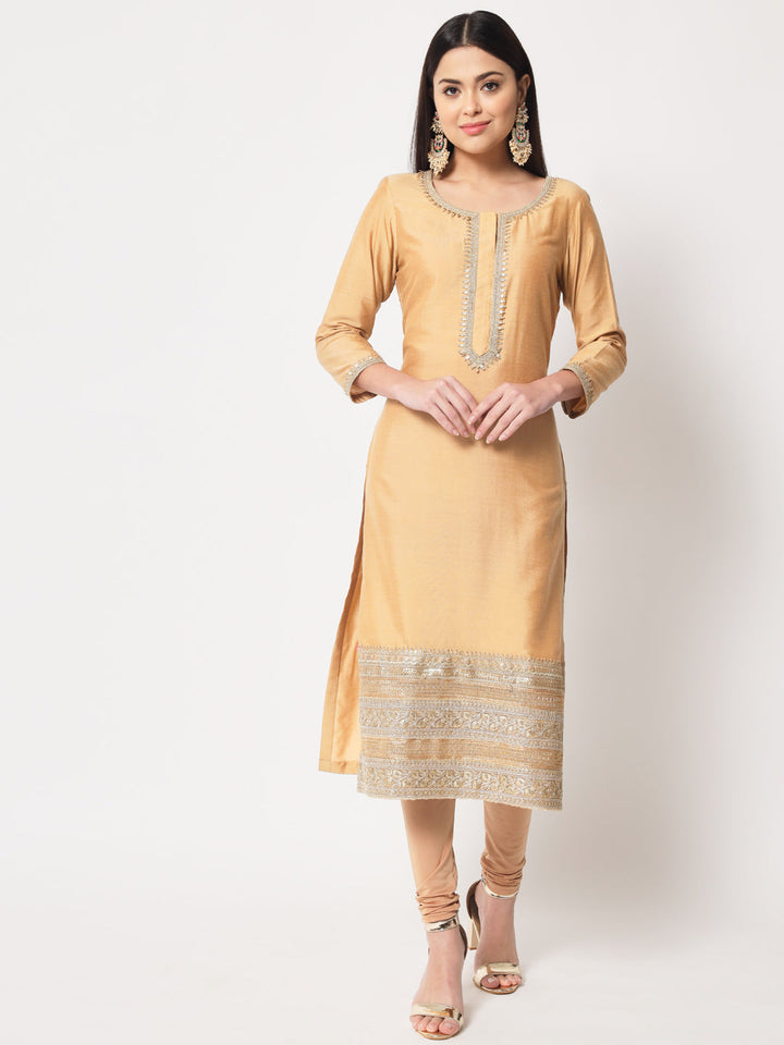 anokherang Combos Traditional Bridal Gold Embroidered Straight Kurti with Pants