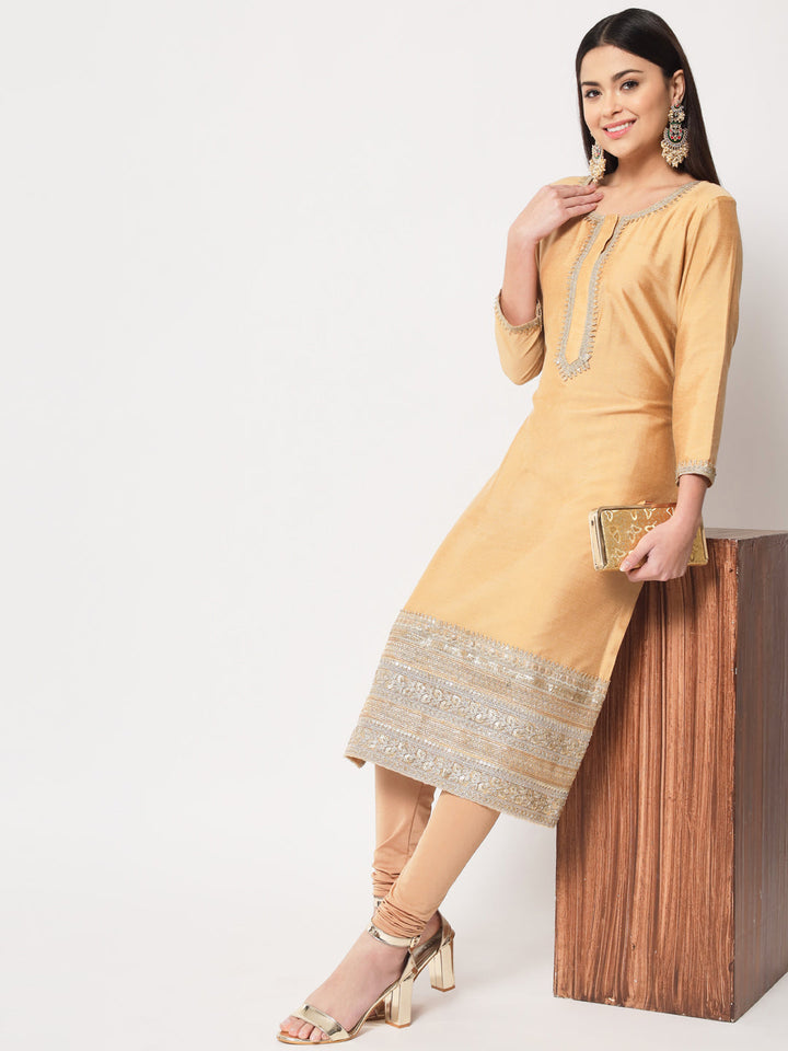 anokherang Combos Traditional Bridal Gold Embroidered Straight Kurti with Pants