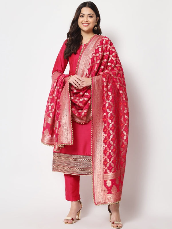 anokherang Combos Traditional Bridal Pink Embroidered Straight Kurti with Pants and Georgette Banarasi Dupatta
