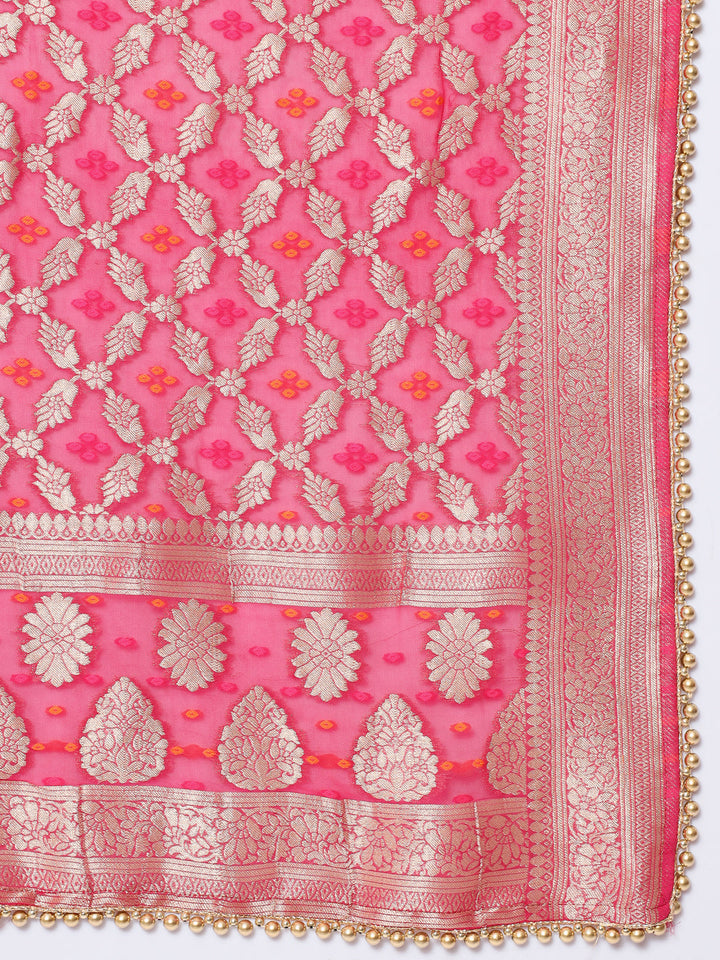 anokherang Combos Traditional Bridal Pink Embroidered Straight Kurti with Pants and Georgette Banarasi Dupatta