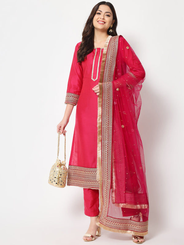 anokherang Combos Traditional Bridal Pink Embroidered Straight Kurti with Pants and Net Stone Dupatta