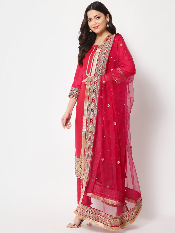 anokherang Combos Traditional Bridal Pink Embroidered Straight Kurti with Pants and Net Stone Dupatta