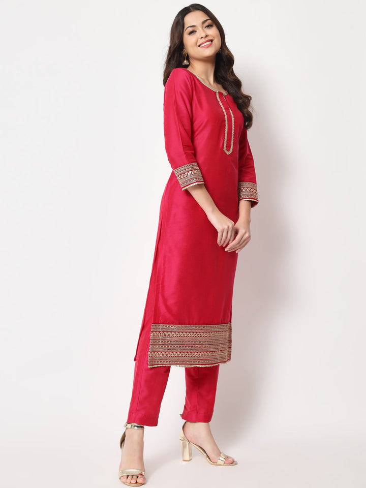 anokherang Combos Traditional Bridal Pink Embroidered Straight Kurti with Pants and Net Stone Dupatta