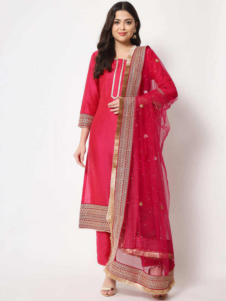 anokherang Combos Traditional Bridal Pink Embroidered Straight Kurti with Pants and Net Stone Dupatta