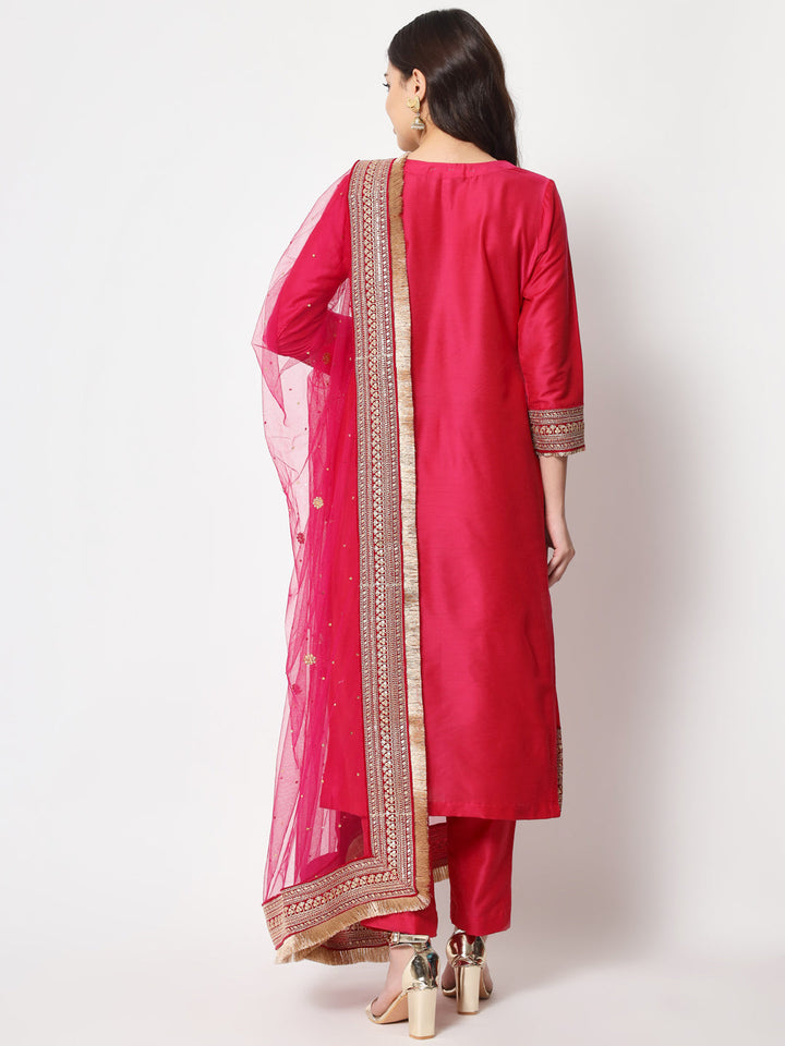 anokherang Combos Traditional Bridal Pink Embroidered Straight Kurti with Pants and Net Stone Dupatta