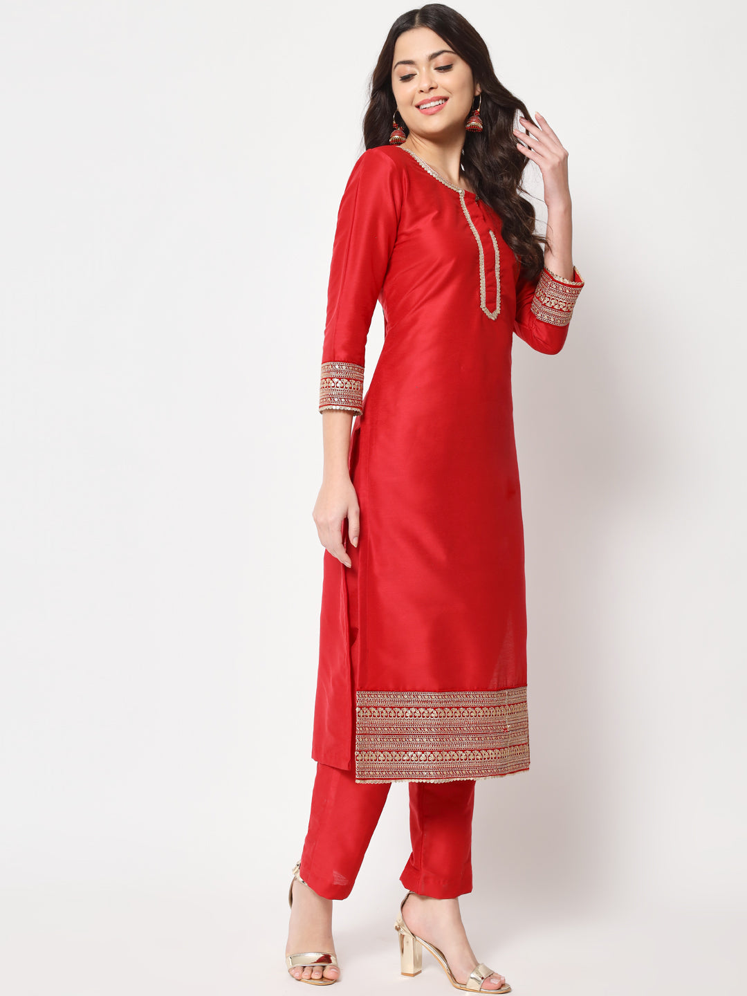 Red Printed Straight Kurti with Printed Palazzo - anokherang - 3232375