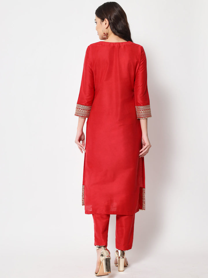 anokherang Combos Traditional Bridal Red Embroidered Straight Kurti with Pants