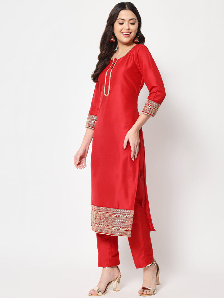 anokherang Combos Traditional Bridal Red Embroidered Straight Kurti with Pants