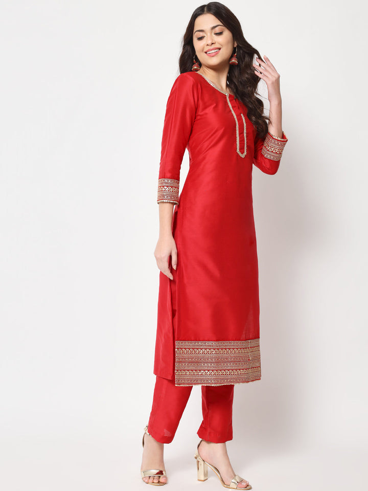 anokherang Combos Traditional Bridal Red Embroidered Straight Kurti with Pants