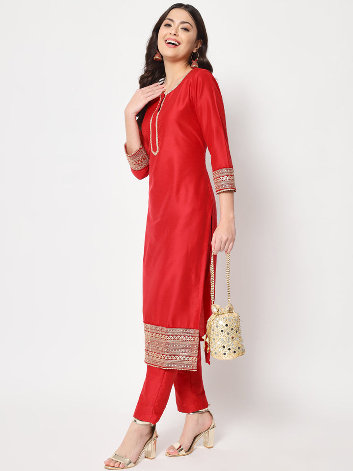 anokherang Combos Traditional Bridal Red Embroidered Straight Kurti with Pants