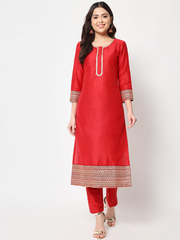 anokherang Combos Traditional Bridal Red Embroidered Straight Kurti with Pants