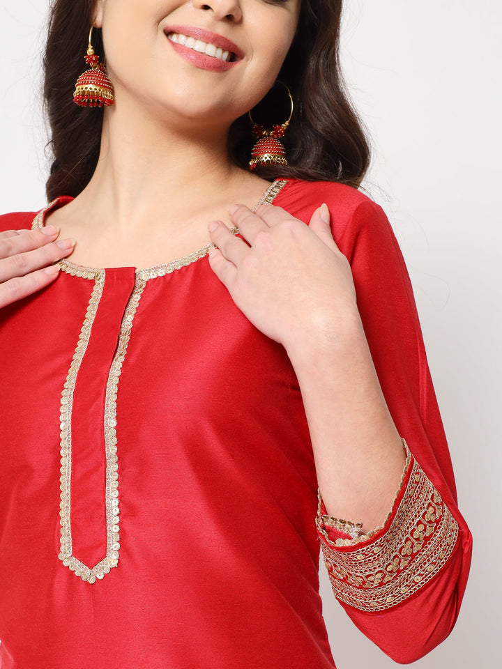 anokherang Combos Traditional Bridal Red Embroidered Straight Kurti with Pants