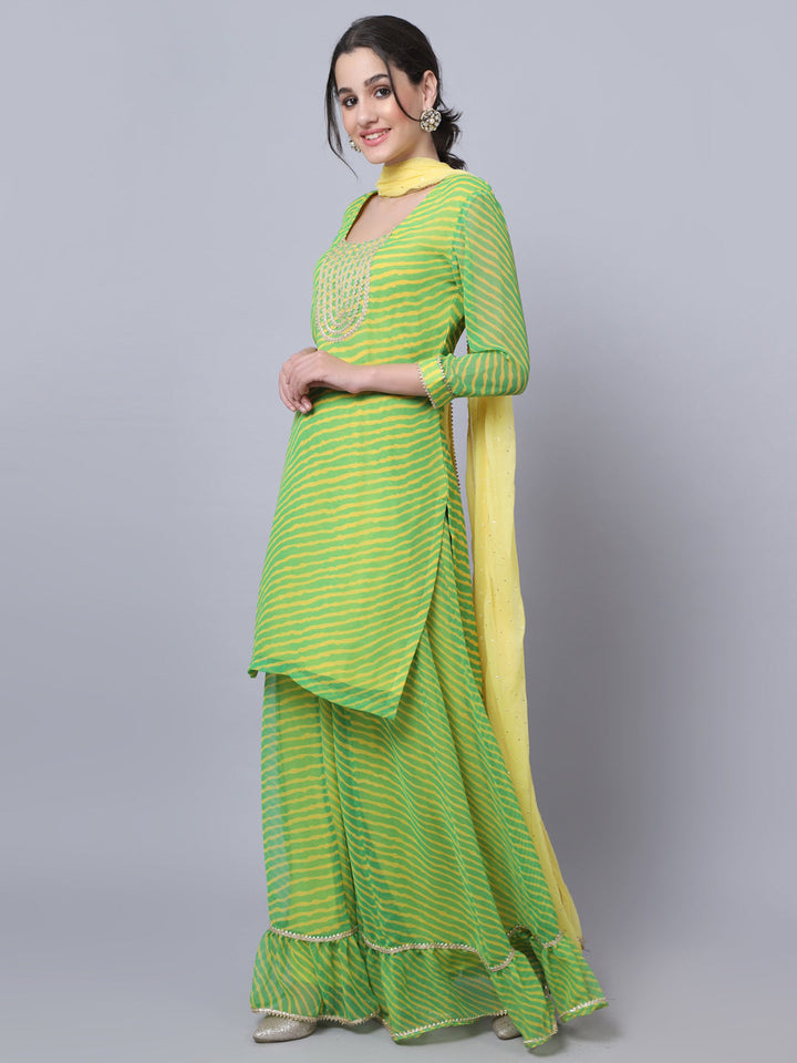 anokherang Combos Trendy Leheriya Kurti with Frilled Palazzo and Dupatta