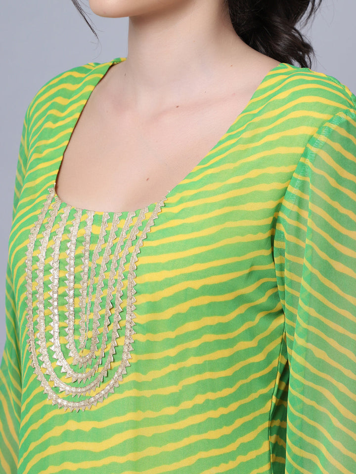 anokherang Combos Trendy Leheriya Kurti with Frilled Palazzo and Dupatta