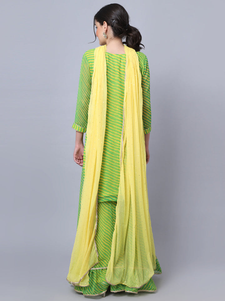 anokherang Combos Trendy Leheriya Kurti with Frilled Palazzo and Dupatta