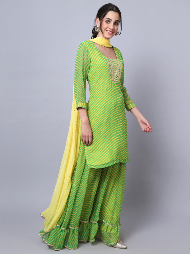 anokherang Combos Trendy Leheriya Kurti with Frilled Palazzo and Dupatta