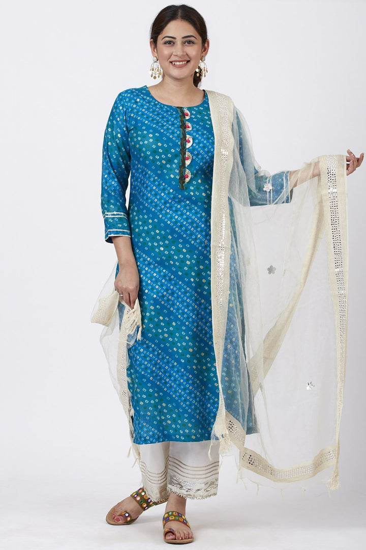 anokherang Combos Turquoise Blue Straight Kurti with Ivory Straight Palazzo and Mirror work Dupatta
