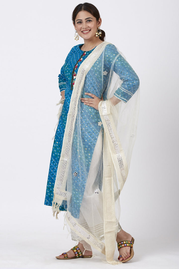 anokherang Combos Turquoise Blue Straight Kurti with Ivory Straight Palazzo and Mirror work Dupatta
