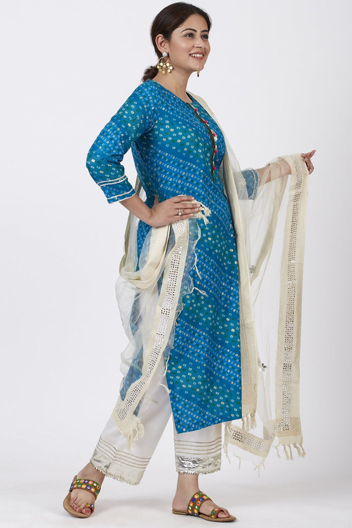 anokherang Combos Turquoise Blue Straight Kurti with Ivory Straight Palazzo and Mirror work Dupatta