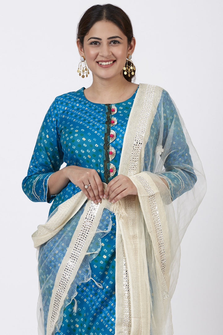 anokherang Combos Turquoise Blue Straight Kurti with Ivory Straight Palazzo and Mirror work Dupatta