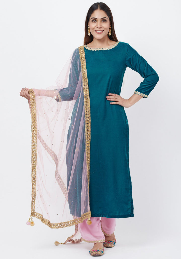 anokherang Combos Turquoise Blue Velvet Kurti with Lavender Palazzos and Mirror Dupatta