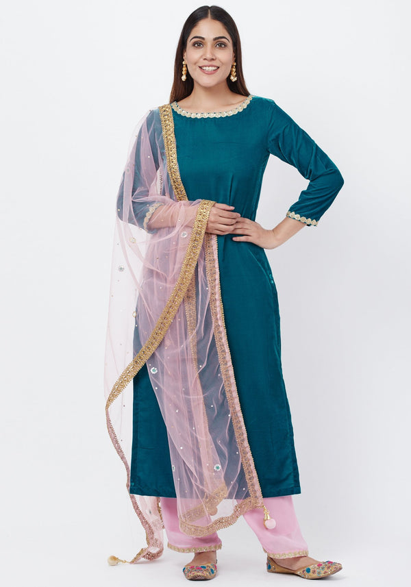 anokherang Combos Turquoise Blue Velvet Kurti with Lavender Palazzos and Mirror Dupatta