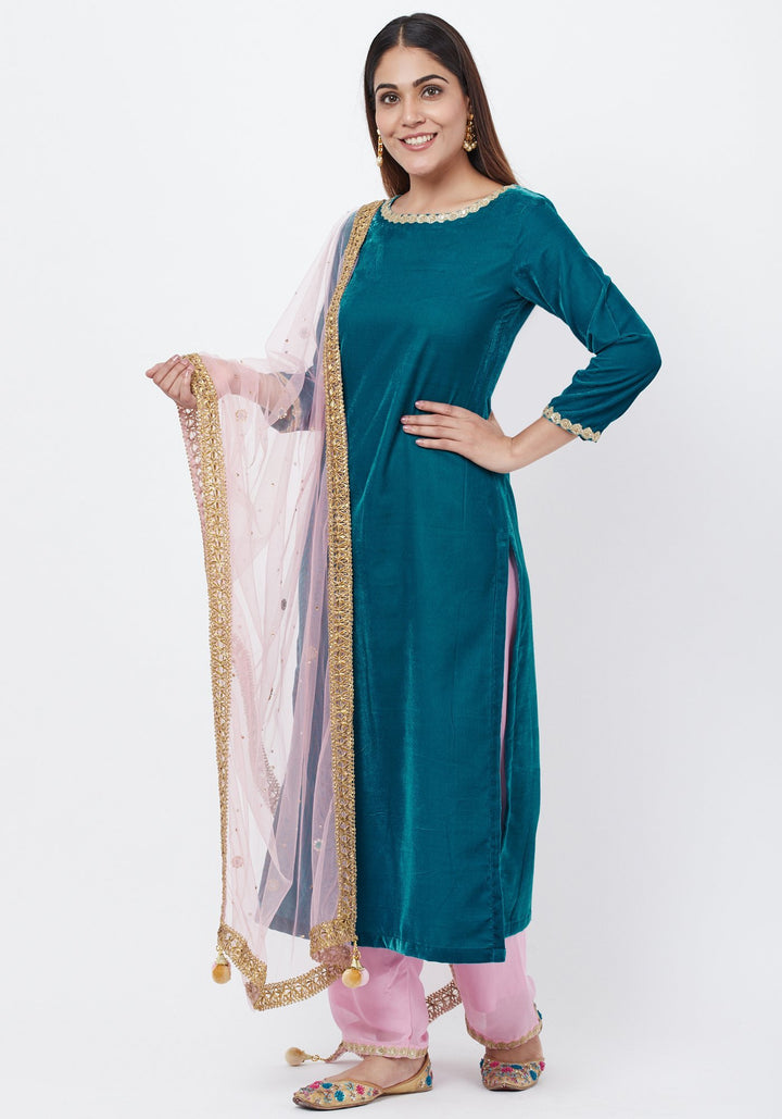 anokherang Combos Turquoise Blue Velvet Kurti with Lavender Palazzos and Mirror Dupatta
