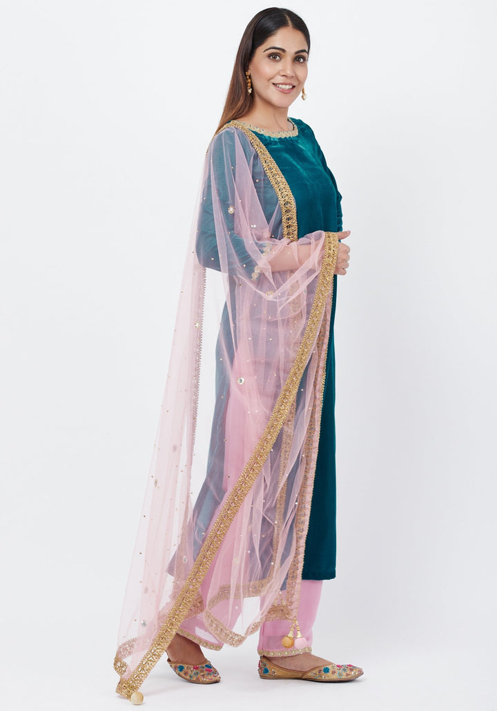 anokherang Combos Turquoise Blue Velvet Kurti with Lavender Palazzos and Mirror Dupatta