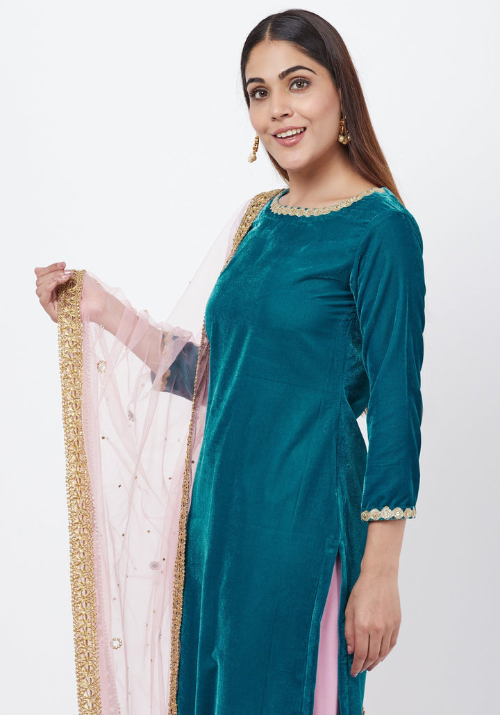anokherang Combos Turquoise Blue Velvet Kurti with Lavender Palazzos and Mirror Dupatta