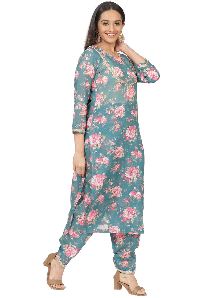 anokherang Combos Turquoise Floral Printed Straight Kurti with Printed Salwar