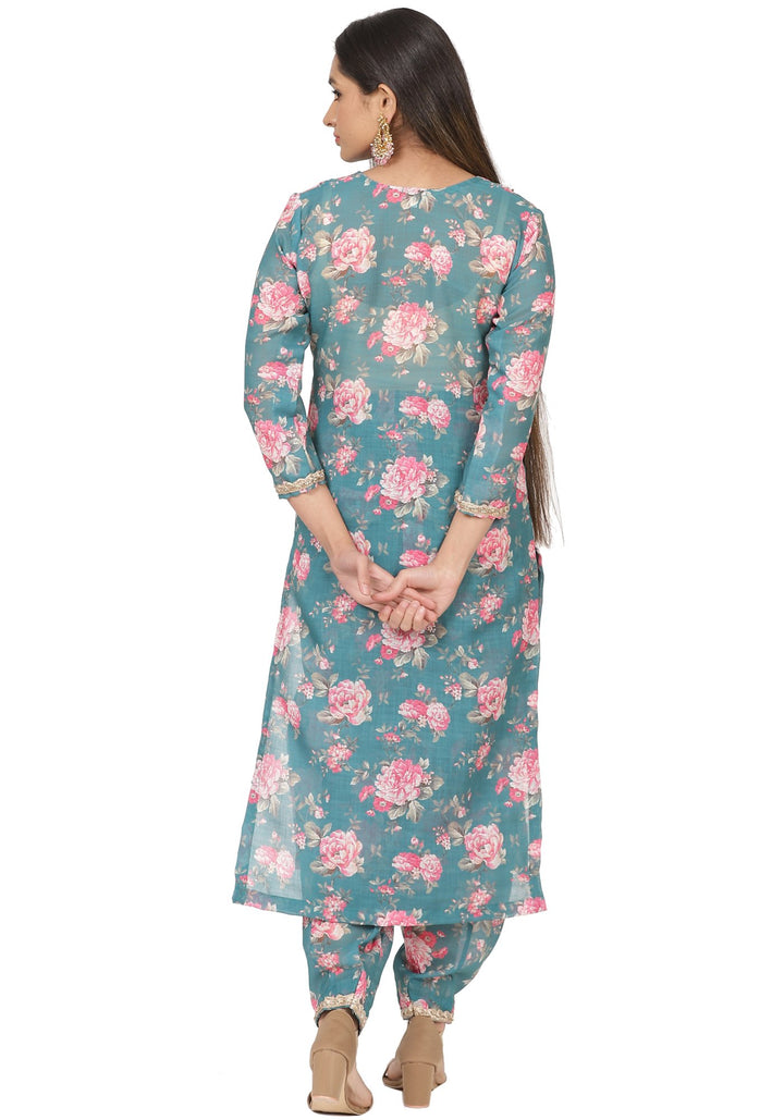 anokherang Combos Turquoise Floral Printed Straight Kurti with Printed Salwar