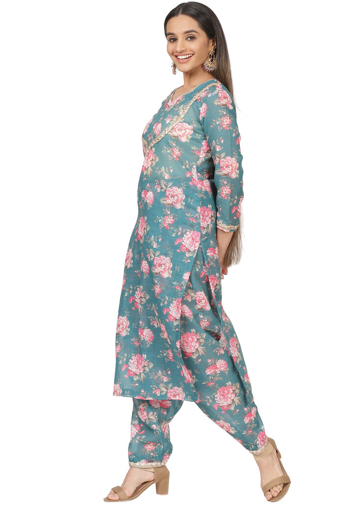 anokherang Combos Turquoise Floral Printed Straight Kurti with Printed Salwar