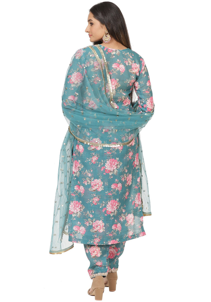anokherang Combos Turquoise Floral Printed Straight Kurti with Printed Salwar and Sequin Dupatta
