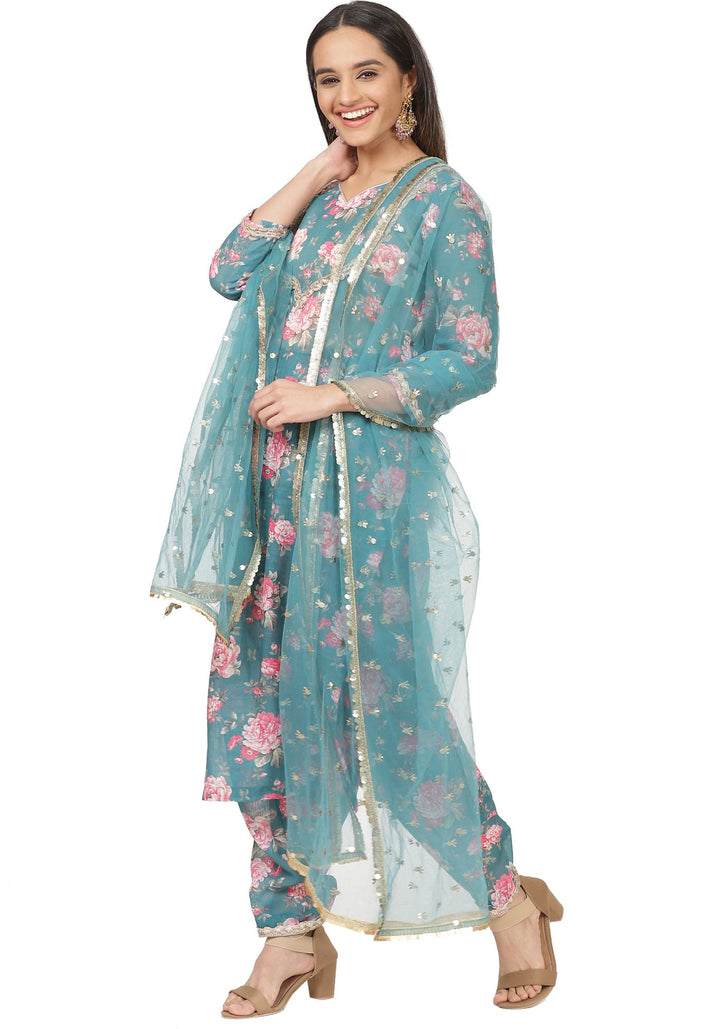 Turquoise Floral Printed Straight Kurti with Printed Salwar and Sequin ...