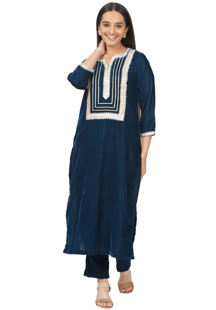 anokherang Combos Turquoise Velvet Daffodil Straight Kurti with Straight Palazzo