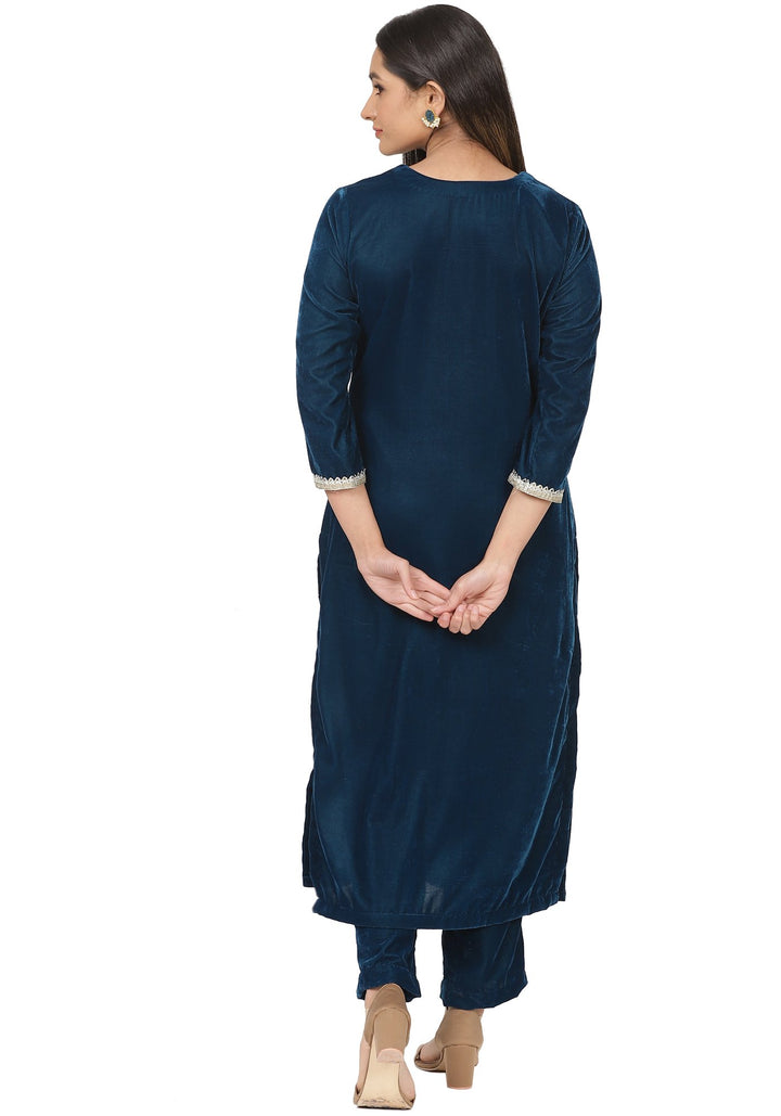 anokherang Combos Turquoise Velvet Daffodil Straight Kurti with Straight Palazzo