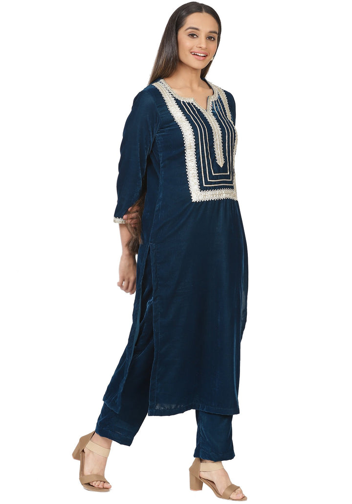anokherang Combos Turquoise Velvet Daffodil Straight Kurti with Straight Palazzo