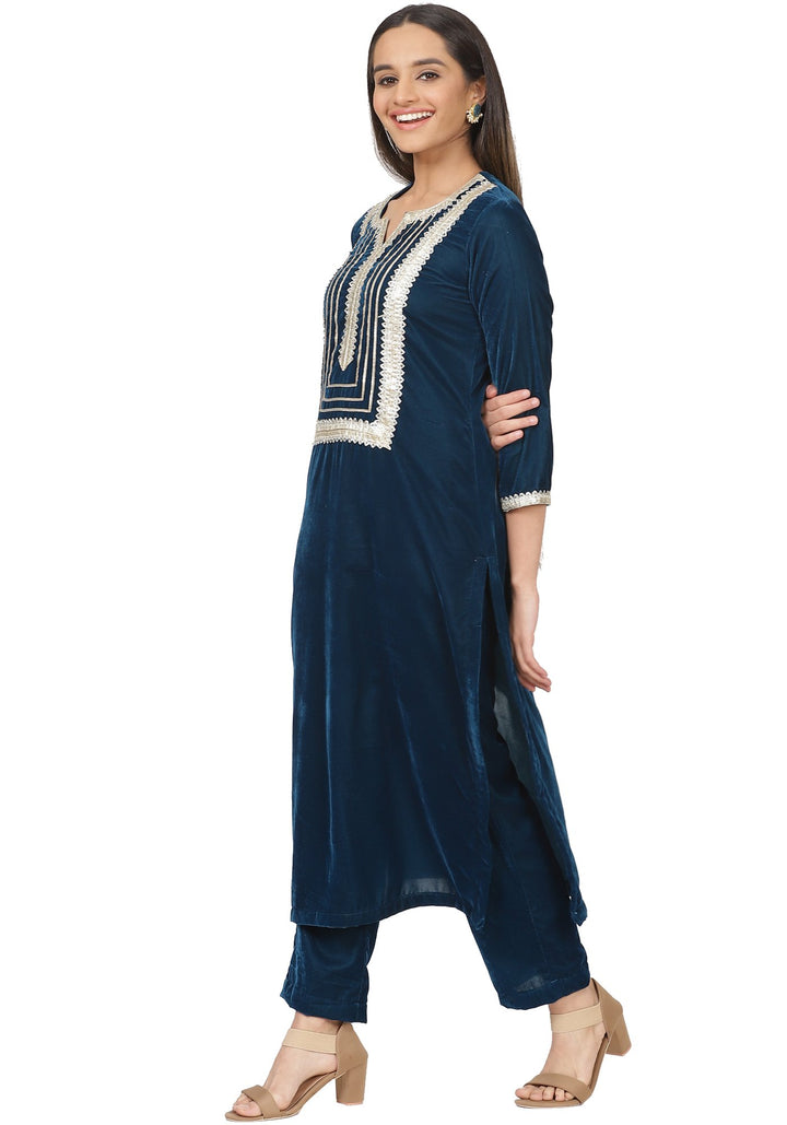 anokherang Combos Turquoise Velvet Daffodil Straight Kurti with Straight Palazzo