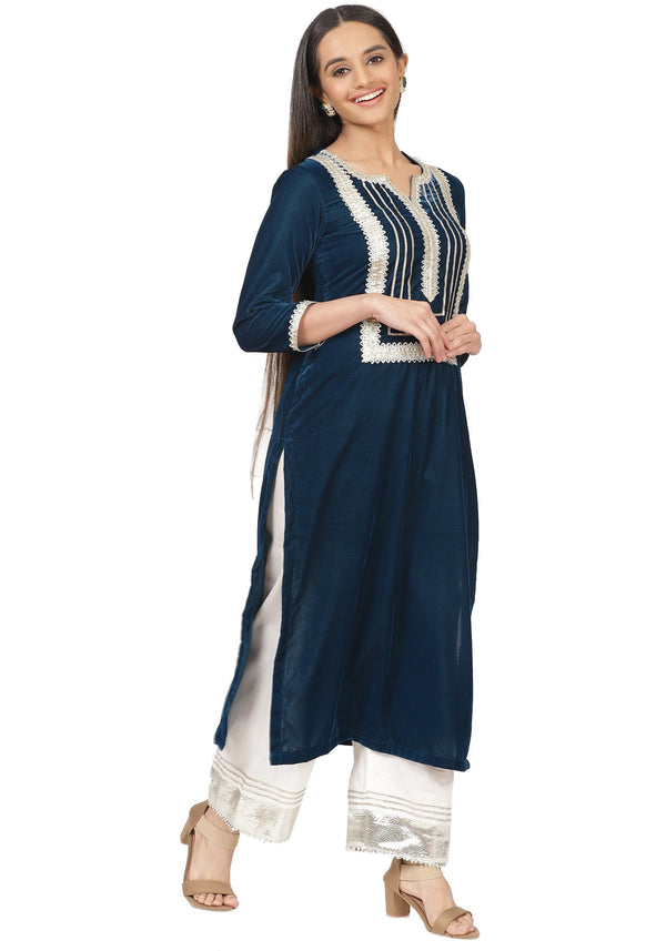 anokherang Combos Turquoise Velvet Daffodil Straight Kurti with Straight Palazzo