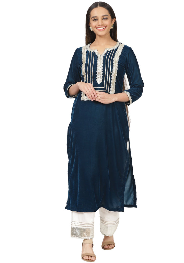 anokherang Combos Turquoise Velvet Daffodil Straight Kurti with Straight Palazzo