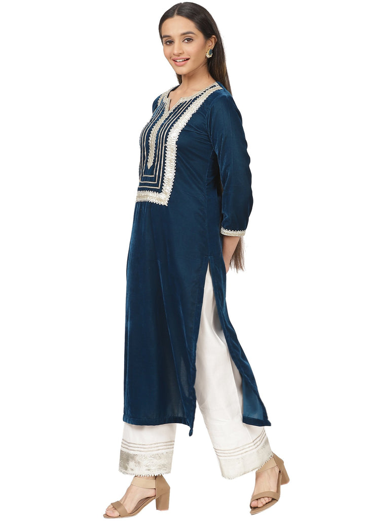 anokherang Combos Turquoise Velvet Daffodil Straight Kurti with Straight Palazzo
