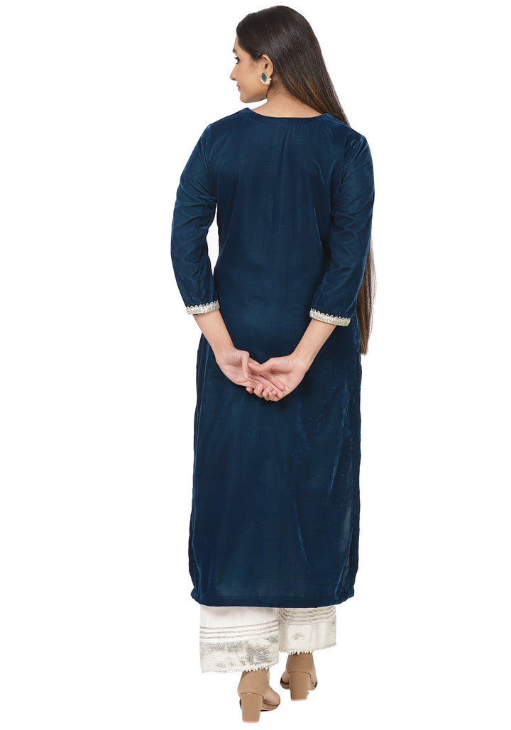 anokherang Combos Turquoise Velvet Daffodil Straight Kurti with Straight Palazzo